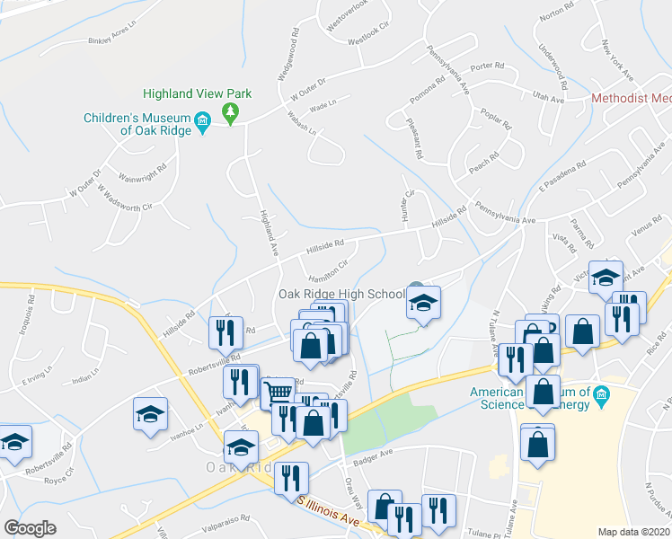 map of restaurants, bars, coffee shops, grocery stores, and more near 124 Hamilton Circle in Oak Ridge
