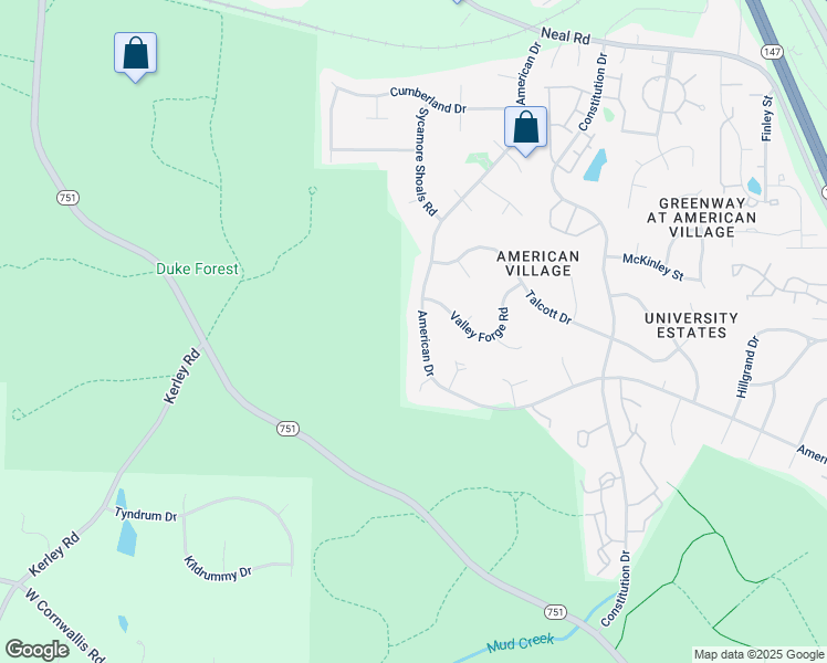 map of restaurants, bars, coffee shops, grocery stores, and more near 4431 American Drive in Durham