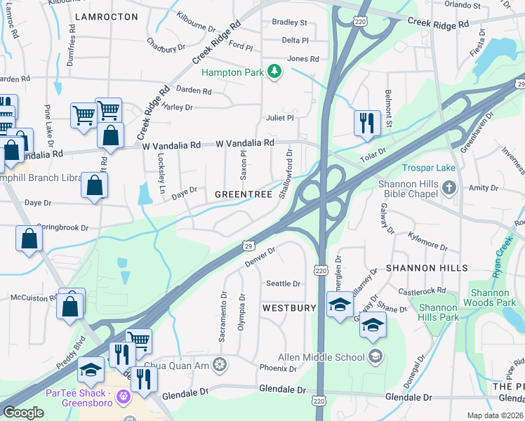 map of restaurants, bars, coffee shops, grocery stores, and more near 3116 Shallowford Drive in Greensboro