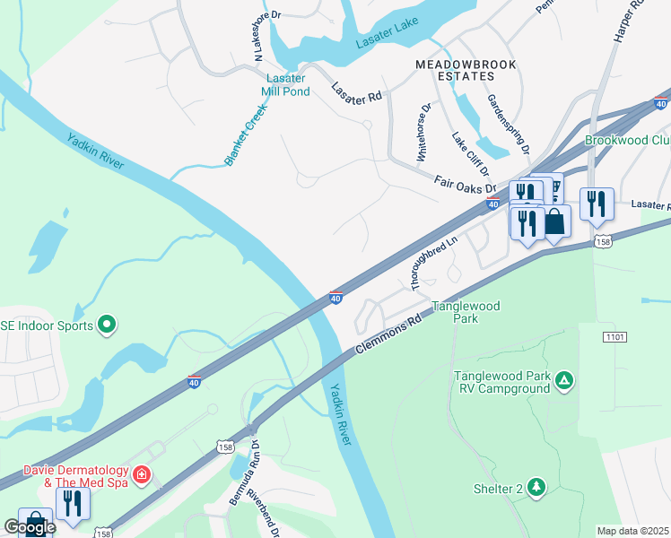 map of restaurants, bars, coffee shops, grocery stores, and more near 3788 Peony Way in Clemmons