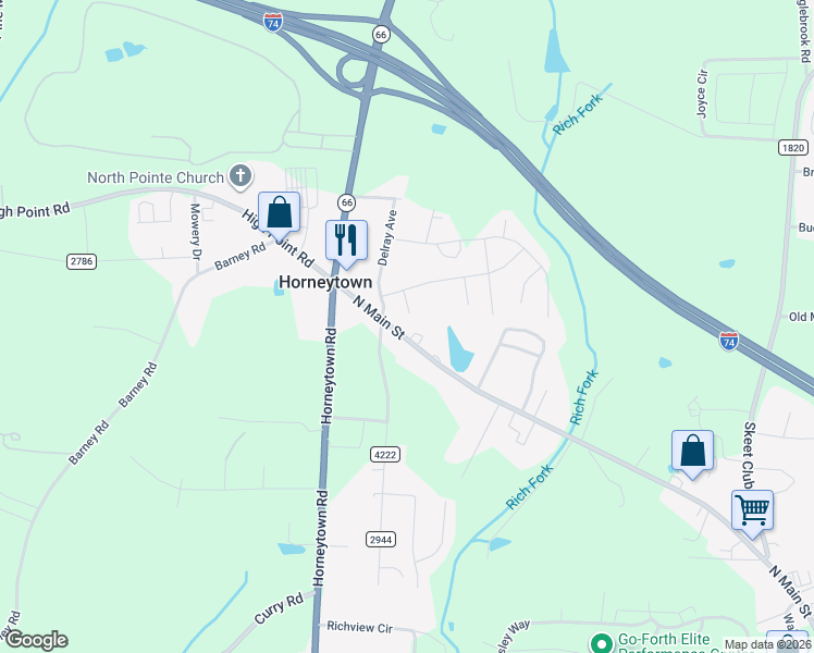 map of restaurants, bars, coffee shops, grocery stores, and more near 4022 North Main Street in High Point