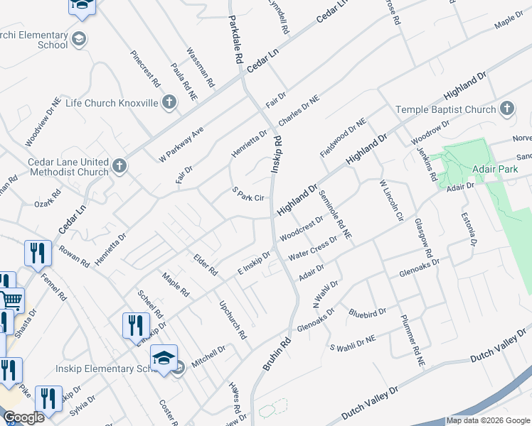 map of restaurants, bars, coffee shops, grocery stores, and more near 1011 Highland Drive in Knoxville