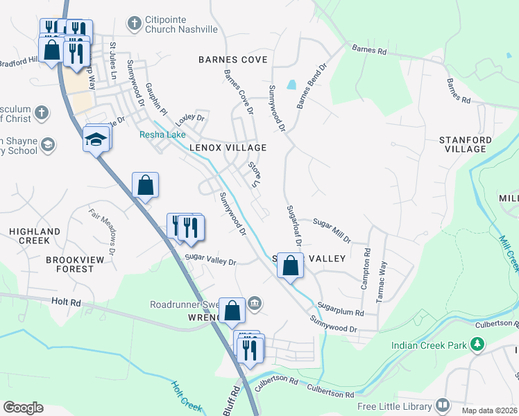 map of restaurants, bars, coffee shops, grocery stores, and more near 2674 Avery Park Drive in Nashville