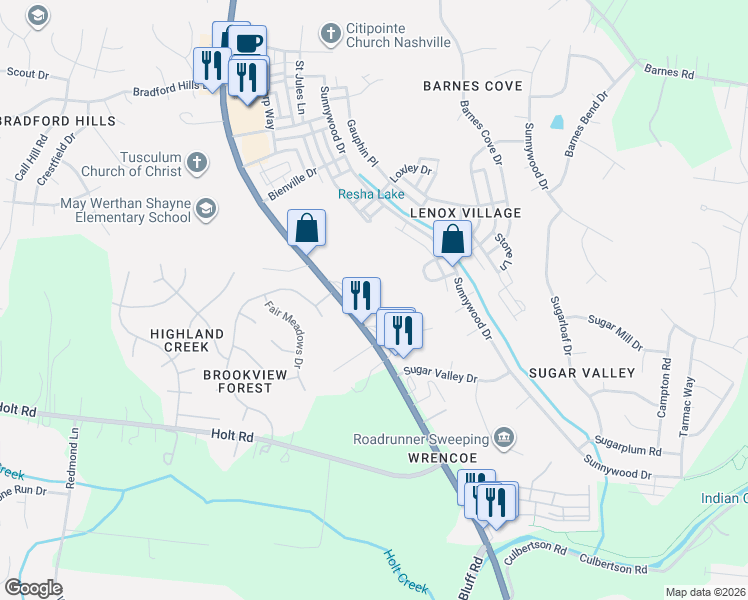 map of restaurants, bars, coffee shops, grocery stores, and more near 6260 Nolensville Pike in Nashville