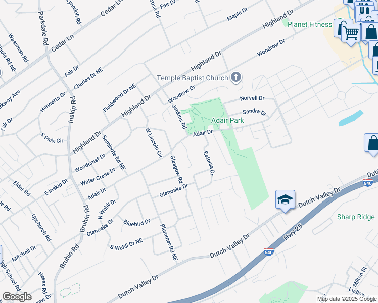 map of restaurants, bars, coffee shops, grocery stores, and more near 4531 Shamus Way in Knoxville