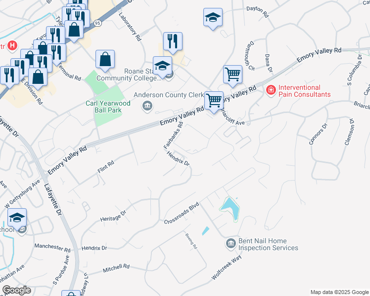map of restaurants, bars, coffee shops, grocery stores, and more near 204 Elmhurst Drive in Oak Ridge