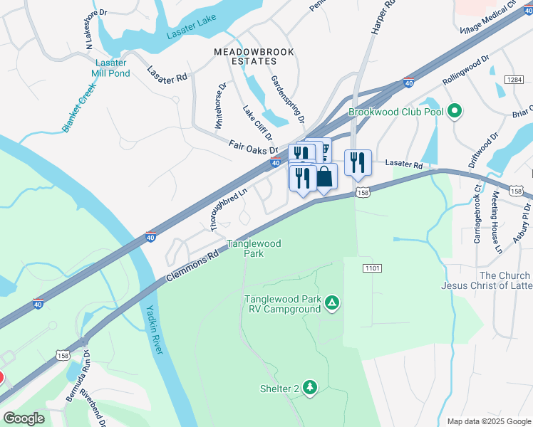 map of restaurants, bars, coffee shops, grocery stores, and more near 4004 Westridge Meadow Circle in Clemmons