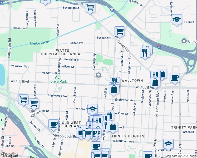 map of restaurants, bars, coffee shops, grocery stores, and more near 1219 Broad Street in Durham