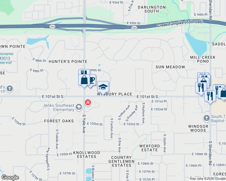 map of restaurants, bars, coffee shops, grocery stores, and more near 5213 East 100th Place in Tulsa