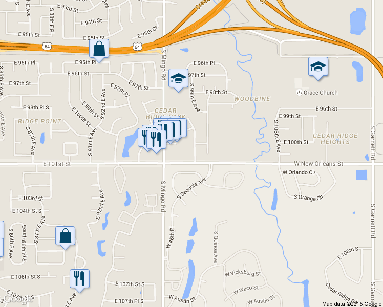 map of restaurants, bars, coffee shops, grocery stores, and more near 10020 South 99th East Avenue in Tulsa