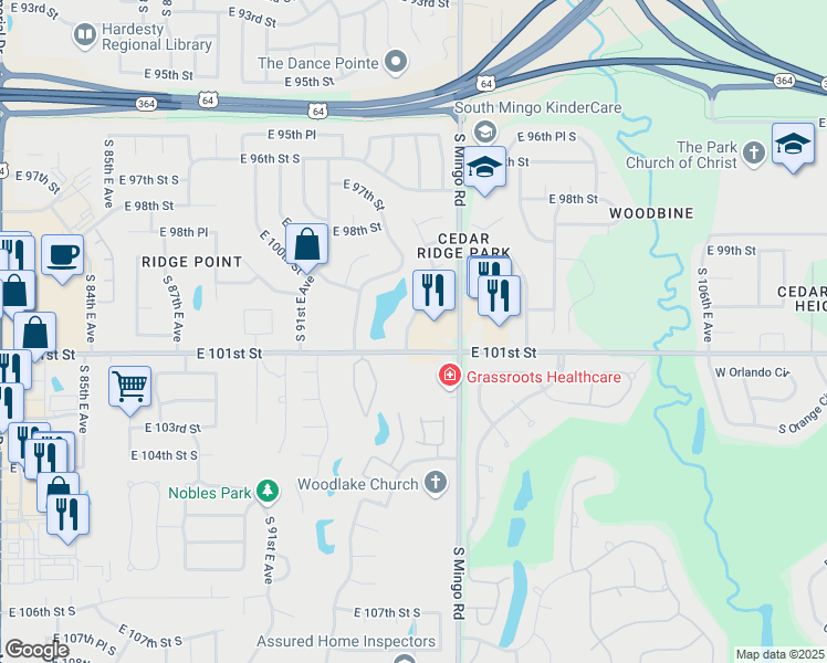 map of restaurants, bars, coffee shops, grocery stores, and more near 10035 South 94th East Avenue in Tulsa