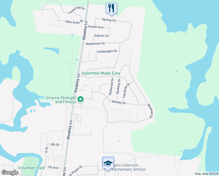 map of restaurants, bars, coffee shops, grocery stores, and more near 604 Dellwood Drive in Smyrna