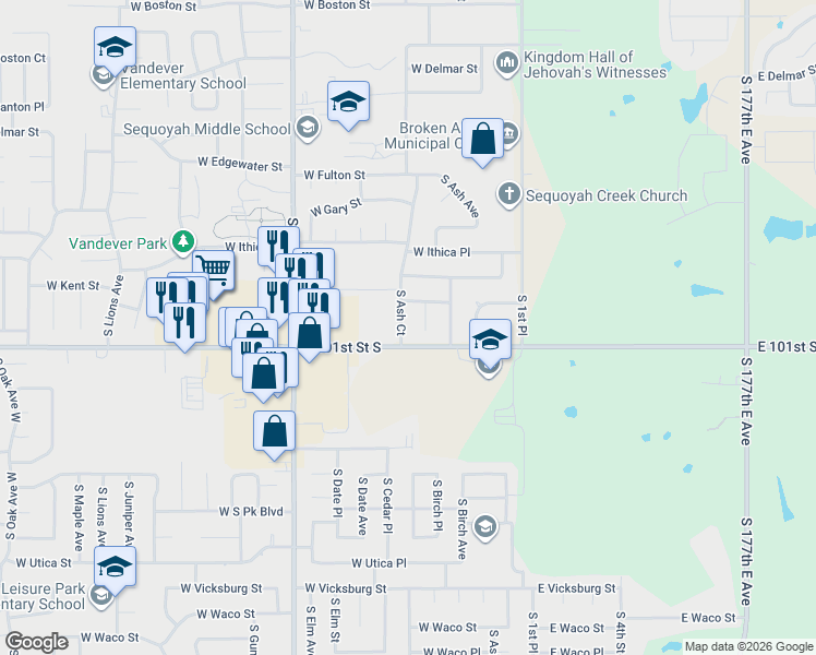 map of restaurants, bars, coffee shops, grocery stores, and more near 3317 S Ash Ct in Broken Arrow