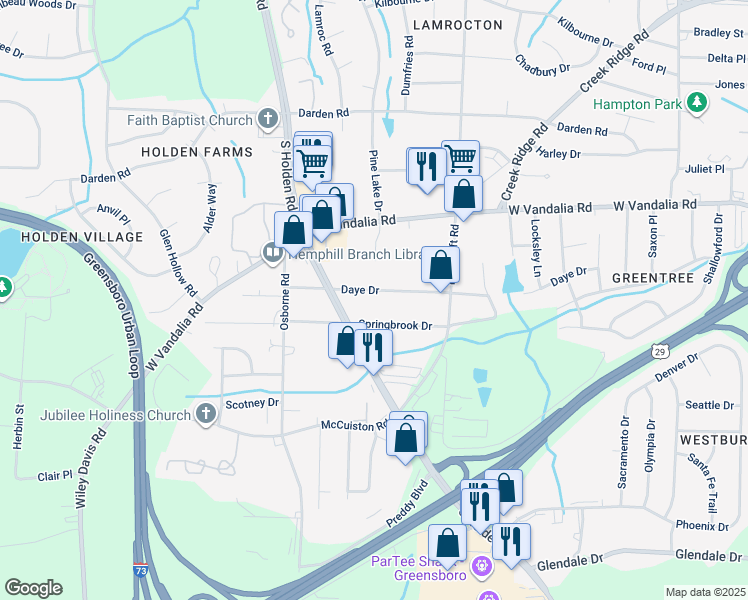 map of restaurants, bars, coffee shops, grocery stores, and more near 3919 Daye Drive in Greensboro