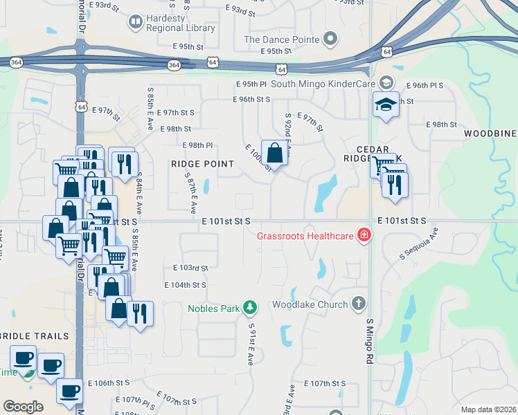 map of restaurants, bars, coffee shops, grocery stores, and more near 10031 S 90th E Ave in Tulsa