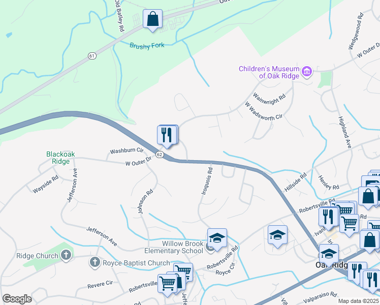 map of restaurants, bars, coffee shops, grocery stores, and more near 106 Ivy Lane in Oak Ridge