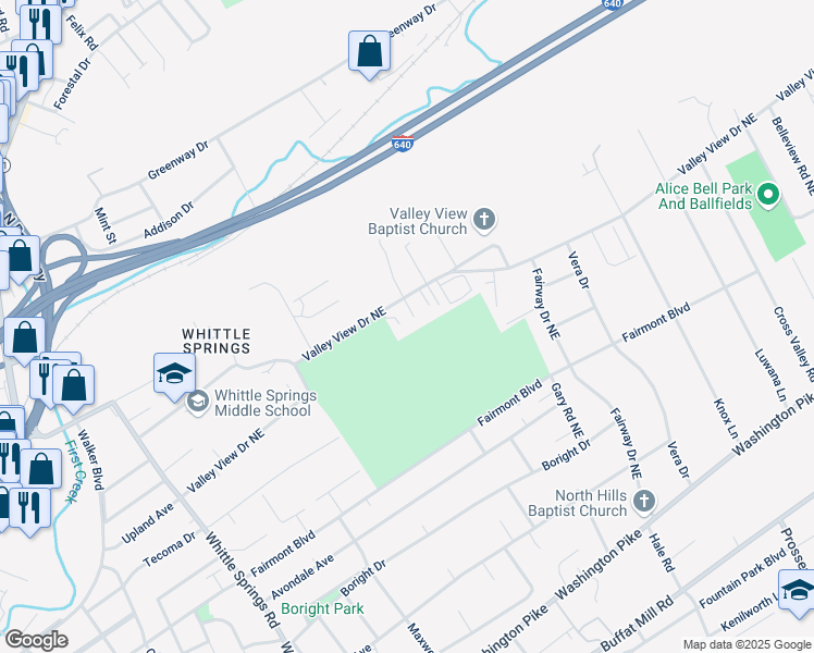 map of restaurants, bars, coffee shops, grocery stores, and more near 3330 Valley View Drive Northeast in Knoxville