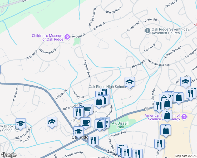 map of restaurants, bars, coffee shops, grocery stores, and more near 162 Hamilton Circle in Oak Ridge