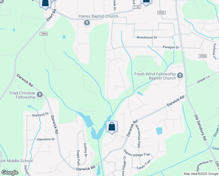 map of restaurants, bars, coffee shops, grocery stores, and more near 2158 Bethany Trace Lane in Winston-Salem