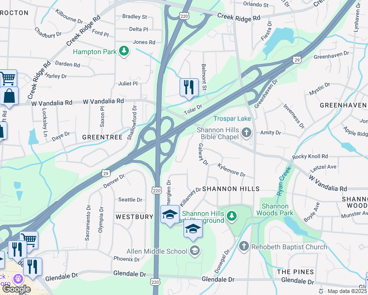 map of restaurants, bars, coffee shops, grocery stores, and more near 2017 Pepperstone Place in Greensboro