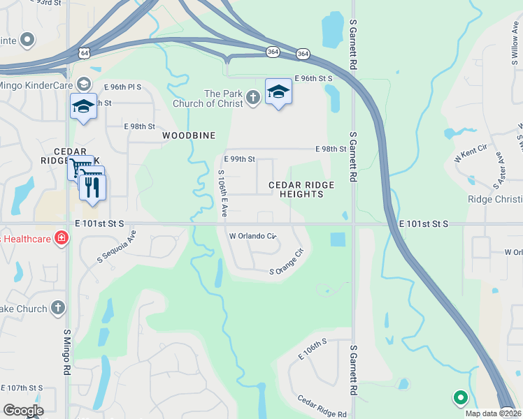 map of restaurants, bars, coffee shops, grocery stores, and more near 10721 East 100th Place in Tulsa