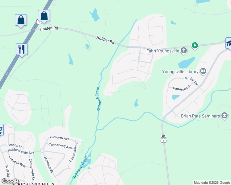 map of restaurants, bars, coffee shops, grocery stores, and more near 621 Porter Hill Drive in Youngsville