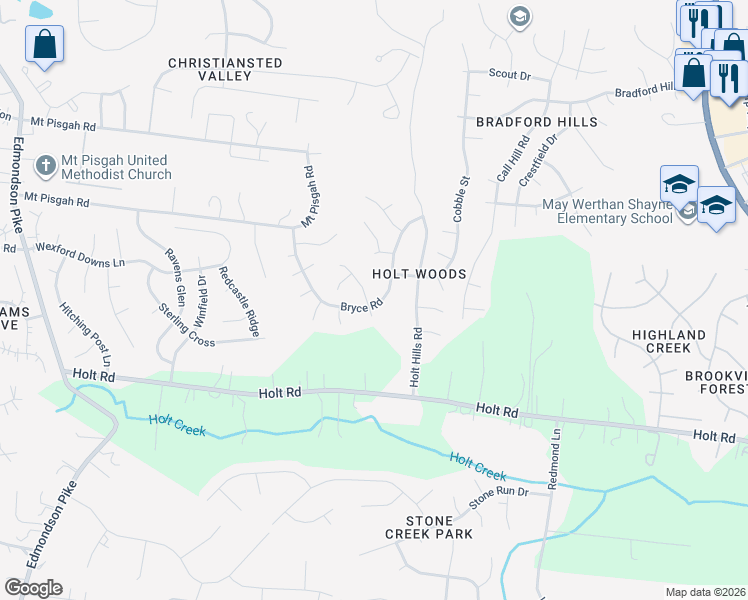 map of restaurants, bars, coffee shops, grocery stores, and more near 3916 Bryce Road in Nashville