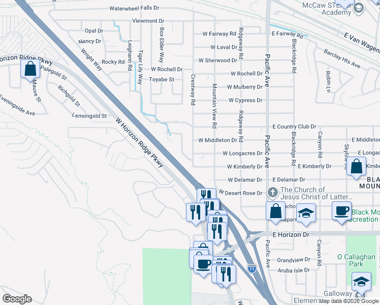map of restaurants, bars, coffee shops, grocery stores, and more near 526 Crestway Road in Henderson