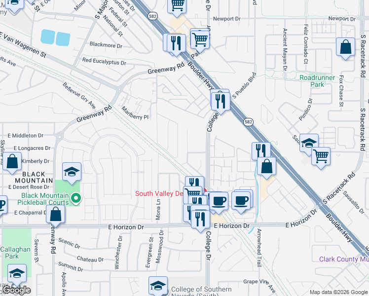 map of restaurants, bars, coffee shops, grocery stores, and more near 521 Landra Lane in Henderson
