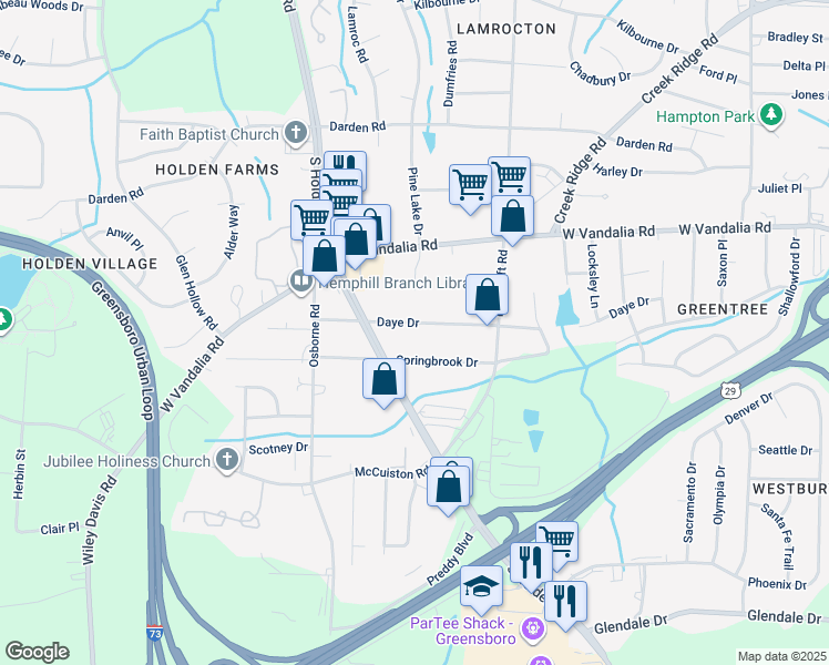 map of restaurants, bars, coffee shops, grocery stores, and more near 3919 Daye Drive in Greensboro