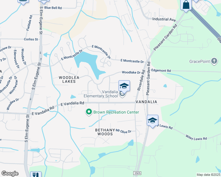 map of restaurants, bars, coffee shops, grocery stores, and more near 3007 Woodbluff Drive in Greensboro