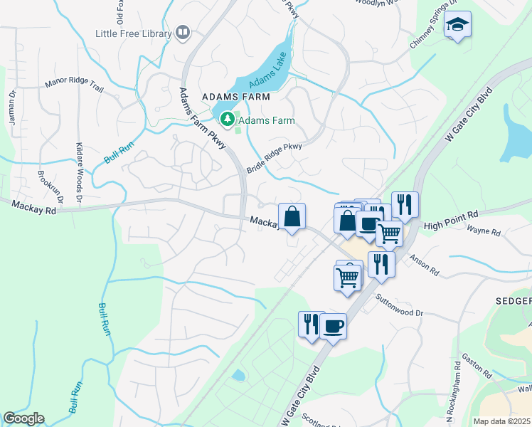 map of restaurants, bars, coffee shops, grocery stores, and more near 5129 Autumncrest Drive in Greensboro