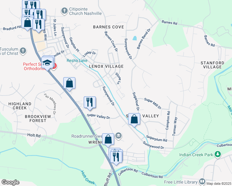 map of restaurants, bars, coffee shops, grocery stores, and more near 3104 Fyffe Lane in Nashville