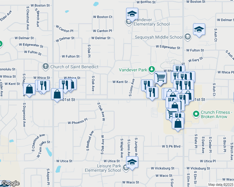 map of restaurants, bars, coffee shops, grocery stores, and more near 3203 South Maple Place in Broken Arrow