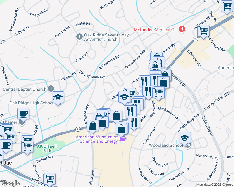 map of restaurants, bars, coffee shops, grocery stores, and more near 106 Victoria Road in Oak Ridge