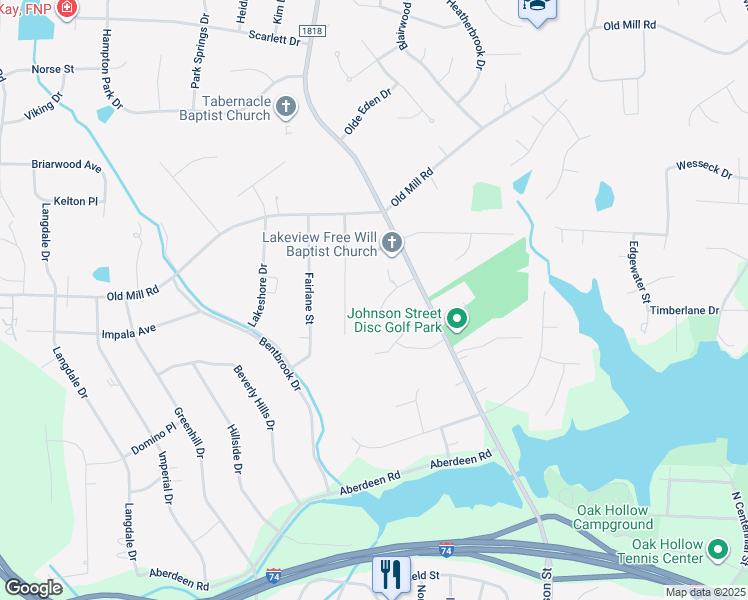 map of restaurants, bars, coffee shops, grocery stores, and more near 3843 Johnson Street in High Point