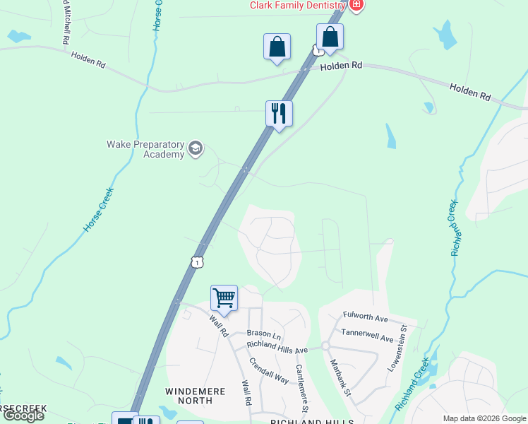 map of restaurants, bars, coffee shops, grocery stores, and more near 1712 Ripley Woods Street in Wake Forest
