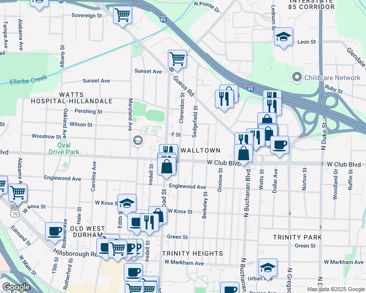 map of restaurants, bars, coffee shops, grocery stores, and more near 1212 Clarendon Street in Durham