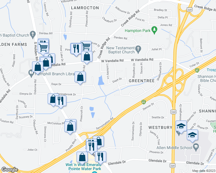map of restaurants, bars, coffee shops, grocery stores, and more near 2703 Daye Drive in Greensboro