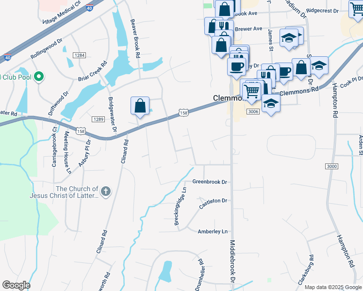 map of restaurants, bars, coffee shops, grocery stores, and more near 6825 Gray Moss Court in Clemmons