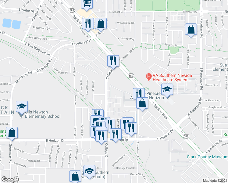 map of restaurants, bars, coffee shops, grocery stores, and more near 510 College Drive in Henderson