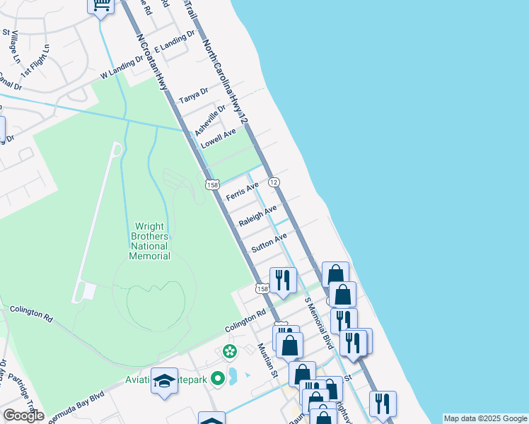 map of restaurants, bars, coffee shops, grocery stores, and more near 114 Raleigh Avenue in Kill Devil Hills