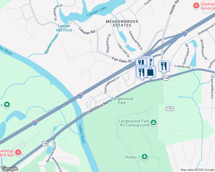 map of restaurants, bars, coffee shops, grocery stores, and more near 5000 Thoroughbred Lane in Clemmons
