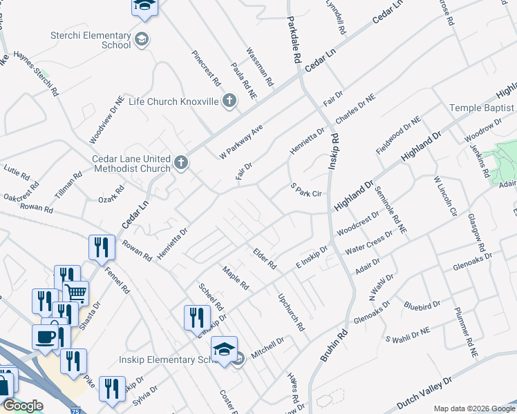 map of restaurants, bars, coffee shops, grocery stores, and more near 5022 White Petal Way in Knoxville