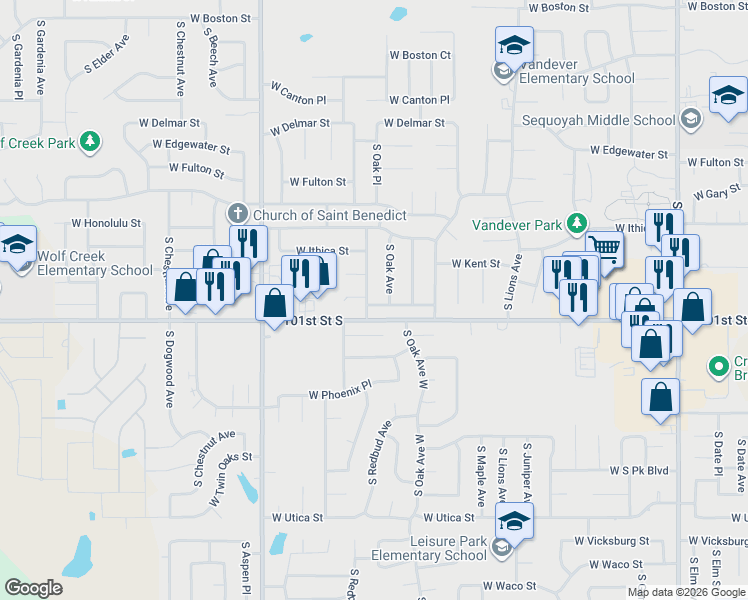 map of restaurants, bars, coffee shops, grocery stores, and more near 1803 West Laredo Place in Broken Arrow