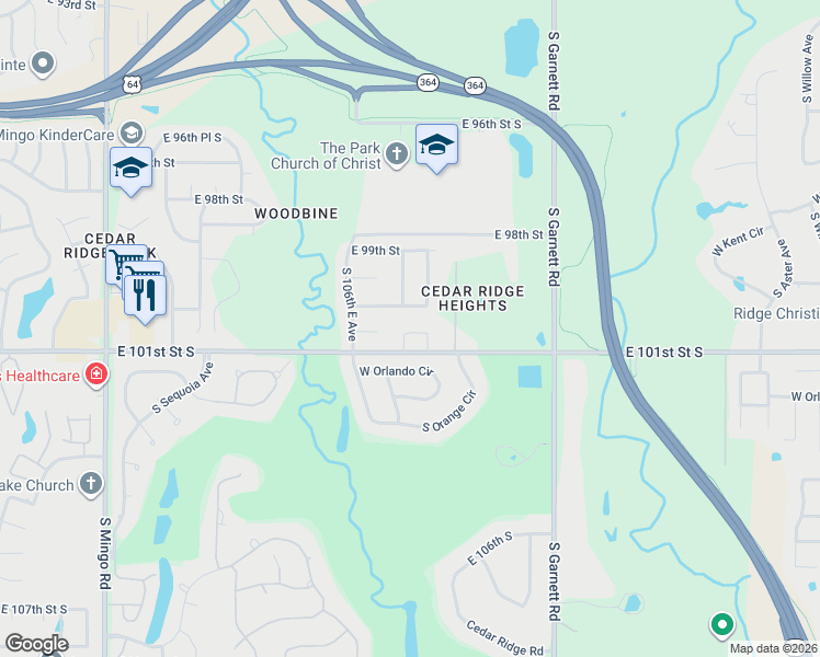 map of restaurants, bars, coffee shops, grocery stores, and more near 10721 East 100th Place in Tulsa