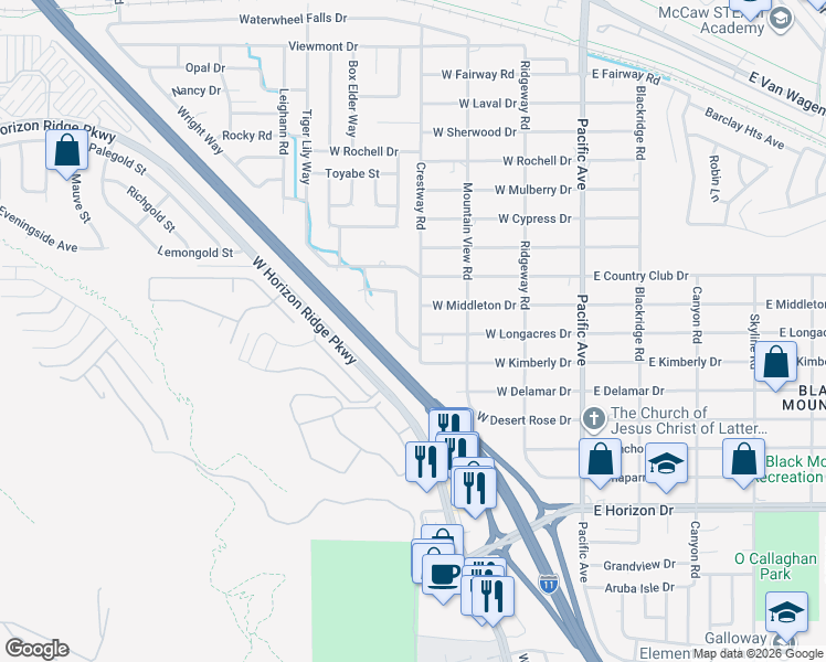 map of restaurants, bars, coffee shops, grocery stores, and more near 526 Crestway Road in Henderson