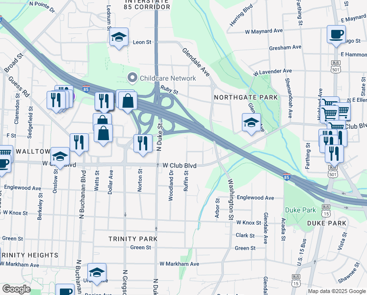 map of restaurants, bars, coffee shops, grocery stores, and more near 1703 Ruffin Street in Durham