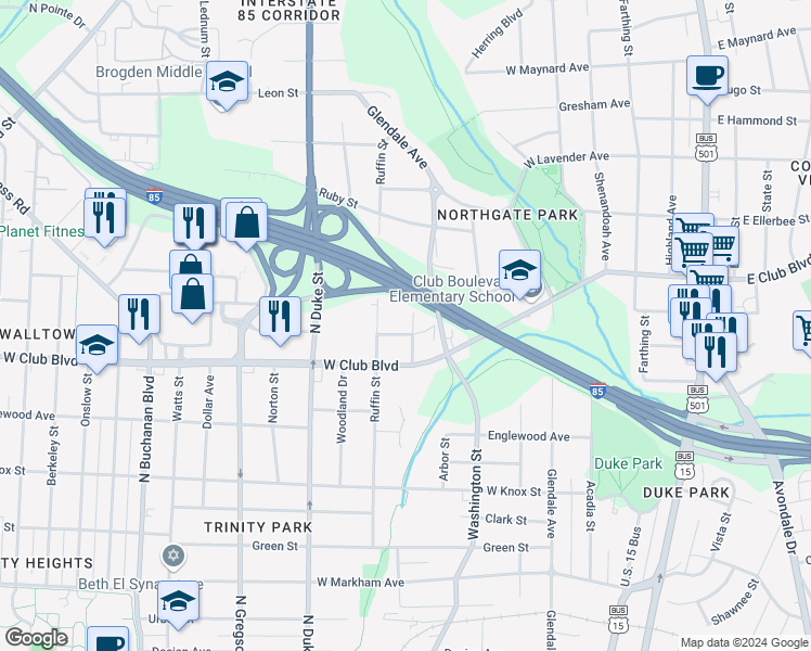 map of restaurants, bars, coffee shops, grocery stores, and more near 1605 Dexter Street in Durham