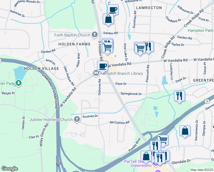 map of restaurants, bars, coffee shops, grocery stores, and more near 4007 Daye Drive in Greensboro